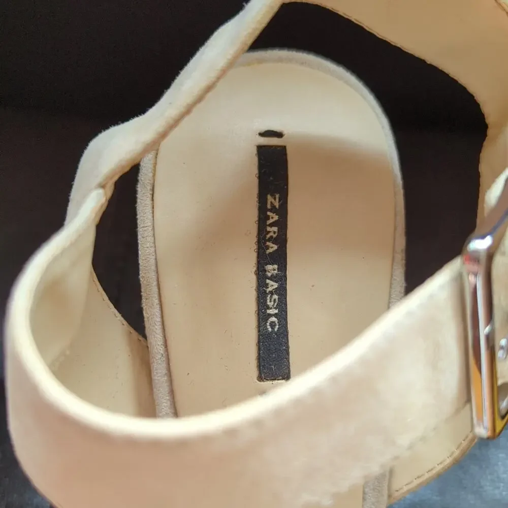 Zara Basic Cream Chunky Heel Criss Cross Comfy Wedding Guest Strappy Sandals